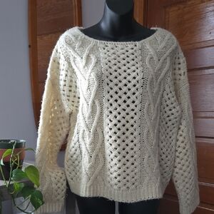 Ivory Boatneck Loose Knit Aran Fisherman Sweater S/M